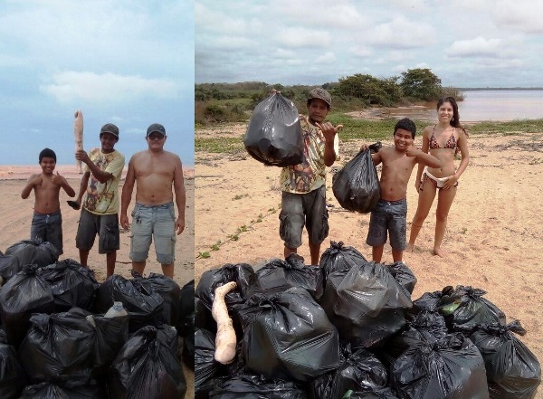 Regência: Tio, filha e sobrinho recolhem lixo na boca do rio