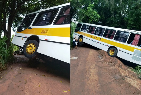 Susto: Ônibus com 20 alunos fica pendurado na borda de represa no Guaxe