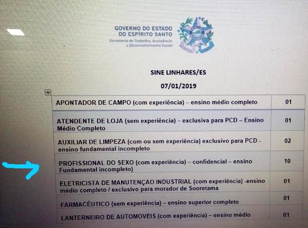 Print mostra vagas para profissional do sexo em Linhares, em Site do Governo do ES