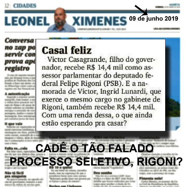 Quase 30 mil: Filho de governador e namorada são assessores de Felipe Rigoni