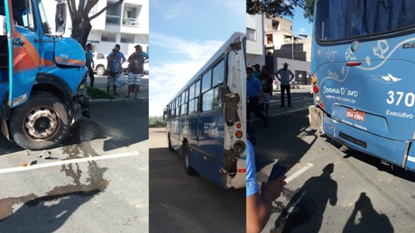 Cena do dia: Caminhão e ônibus em engavetamento no Centro de Linhares