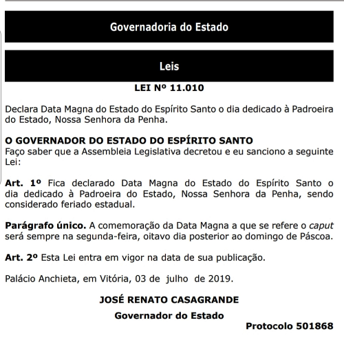 ALES decreta e governador sanciona lei do feriado de N. Sra. da Penha. O que você achou?