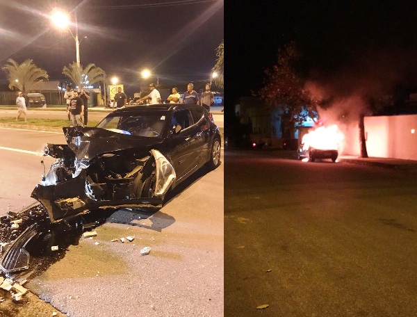 Noite de segunda: Carro pega fogo no Interlagos e acidente na BR-101, no Centro