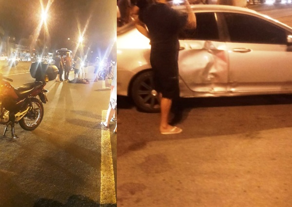 Acidente entre carro e moto deixa mulher caída no asfalto no Trevo do BNH