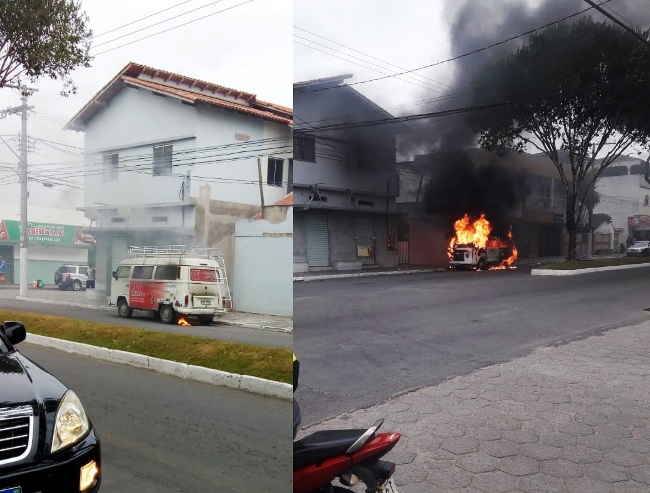 Carro pega fogo na rua principal do Aviso, em Linhares