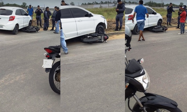 Assaltantes usam veículo como arma, e moto da vítima vai parar debaixo do carro