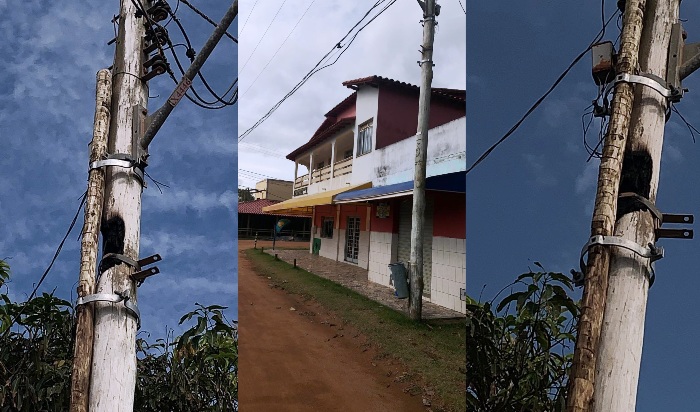 Gambiarra em poste que pegou fogo é motivo de medo em Regência