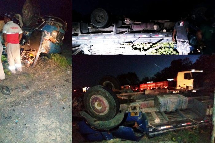 (Vídeo) BR-101: Caminhão tomba perto da balança, em Linhares
