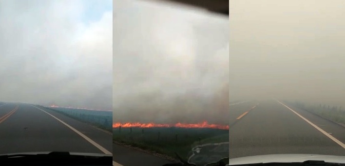 Vídeo: Estrada do Pontal interditada por conta da fumaça. Motorista faz imagens assustadoras