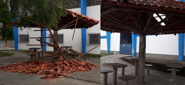 Vai cair na cabeça de um, diz morador sobre condições de coberturas na praça no Araçá