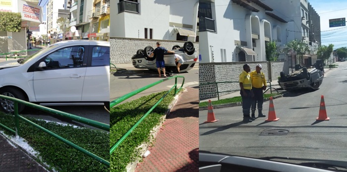 Colisão deixa carro capotado em cruzamento, no Centro de Linhares