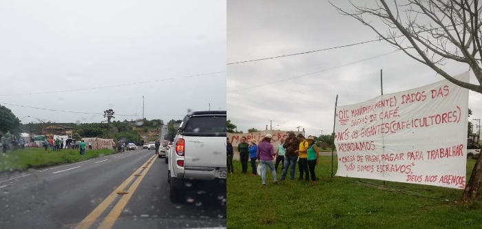 BR-101 interditada por cafeicultores no Norte do ES: Gigantes acordaram, diz cartaz