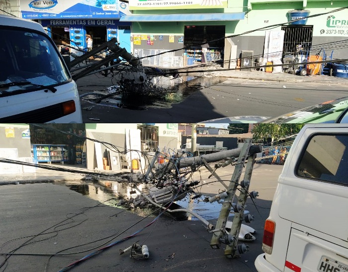 Cena impressionante: Poste cai na avenida principal do Nova Esperança