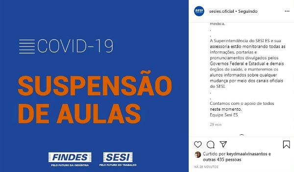 SESI e SENAI suspendem aulas nas unidades