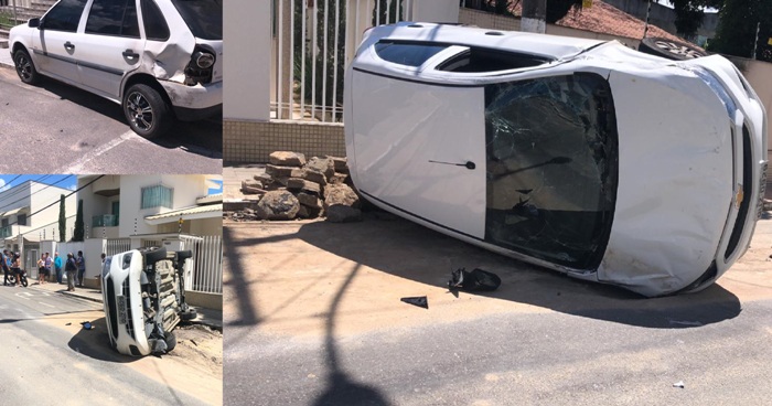 Carro colide e tomba no Centro de Linhares