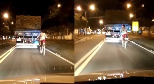 Vídeo: Ciclista trafega por longo tempo atrás da carroceria de caminhão