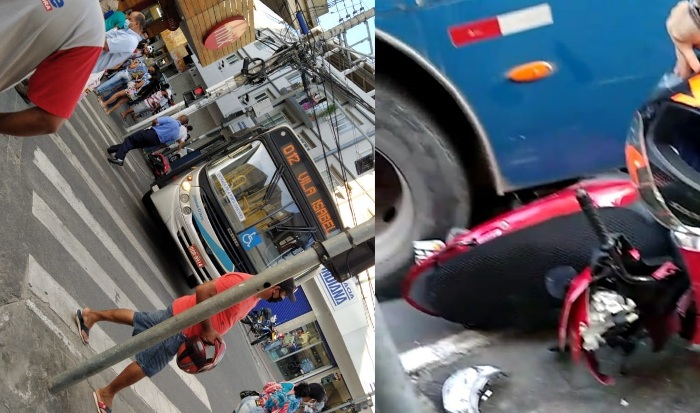 Cena do dia: Moto fica debaixo de ônibus em acidente no Centro de Linhares