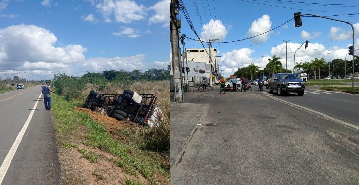 Caminhão tomba no interior e motos colidem na sede de Linhares