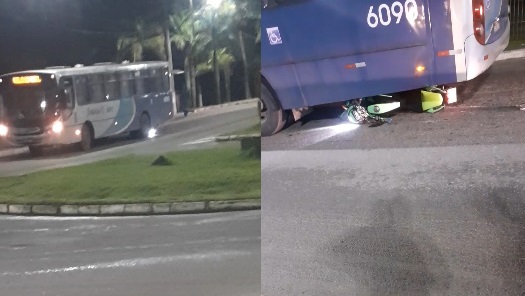 Moto vai parar debaixo de ônibus no viaduto da entrada de Linhares