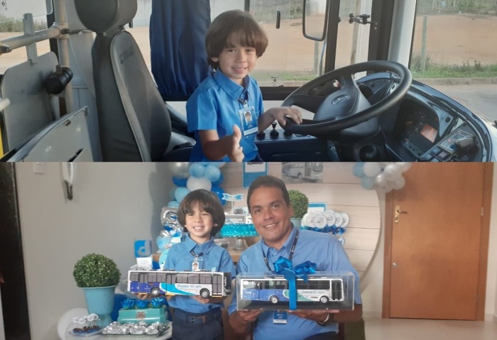 Garoto apaixonado por ônibus ganha festa surpresa, de uniforme e tudo