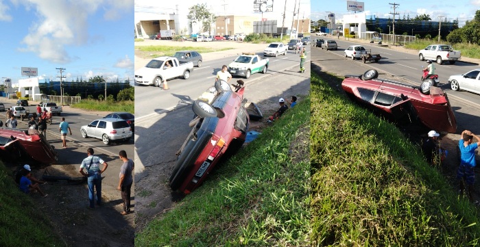 Carro capota na lateral da BR-101, em Linhares