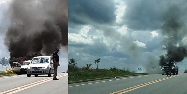 BR-101: Carro pega fogo perto da Fazenda Graciosa, em Linhares
