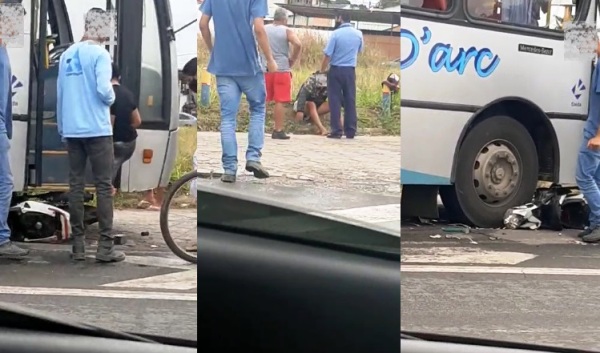 Moto vai parar debaixo de ônibus em acidente na BR-101, em Linhares