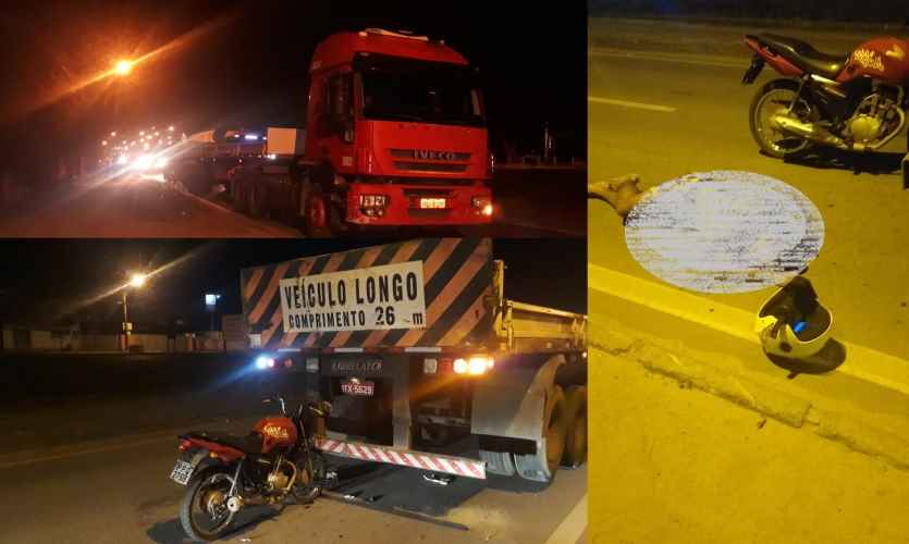 BR-101: Moto fica agarrada atrás de carreta e condutor sai ferido em acidente no Canivete