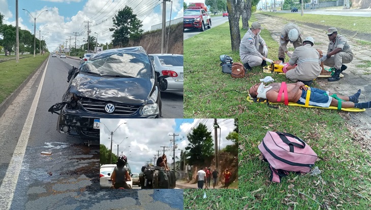 Vítima espera por socorro sentada em cima de carro capotado na BR-101, em Linhares