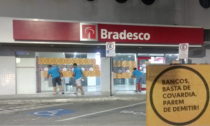 Cena da madrugada: Vidraça de banco é adesivada em Linhares