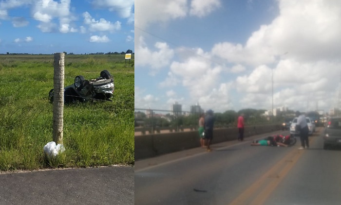 Vídeo: Carro capota na Estrada do Pontal, e motociclista cai na pista da Ponte Joaquim Calmon