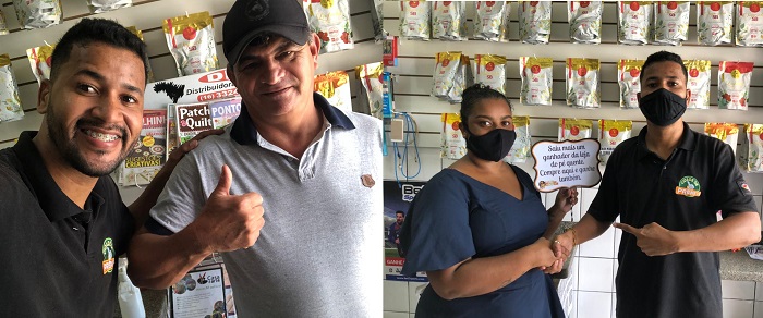 7 pessoas rindo à toa na loja do Pé Quente. E tem mais vindo por aí