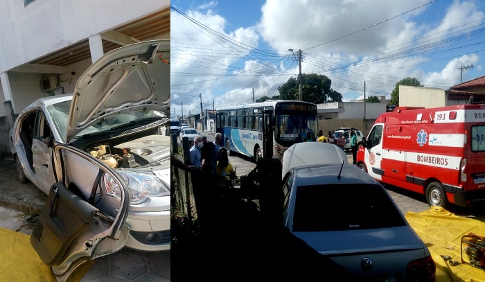 Mulher sai ferida de acidente envolvendo ônibus e carro de passeio em Linhares