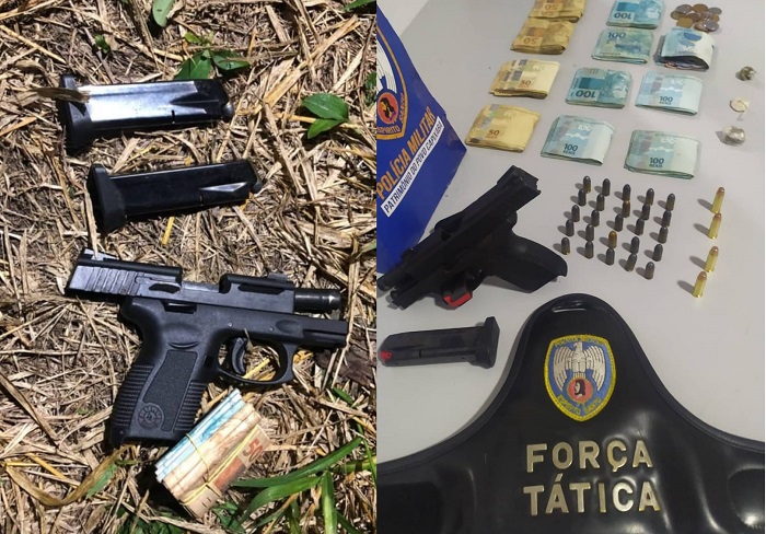 Força Tática apreende R$ 10 mil, pistola, munição e droga com ocupantes de Uno