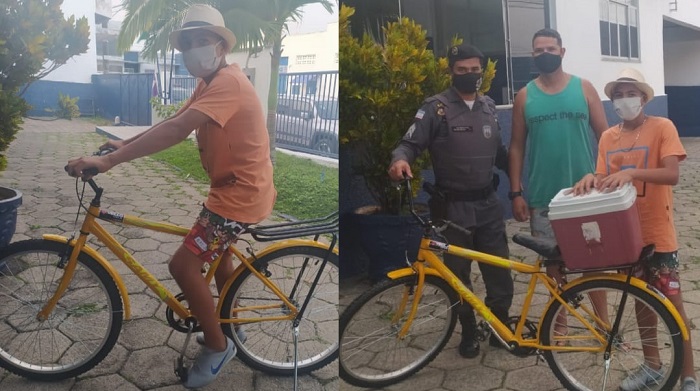 Vendedor de salgados ganha bike de PMs para ajudar a família, e cena comove em Linhares