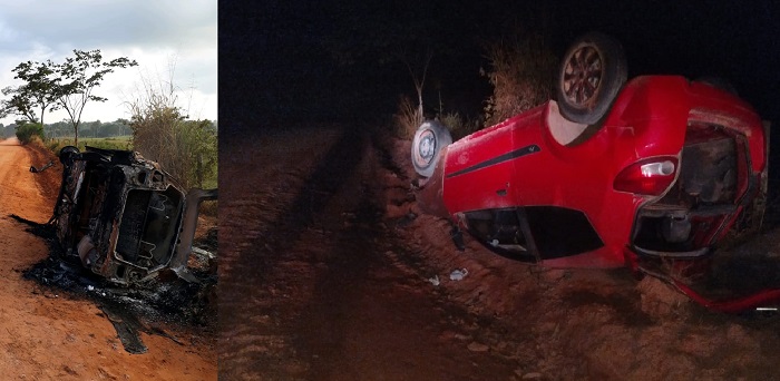Carro tomba e depois aparece incendiado na Estrada de Regência