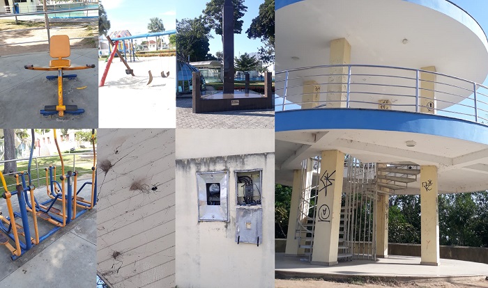 Quebradeira, pichação, aranhas estátuas retiradas. É o abandono na Praça 22 de Agosto