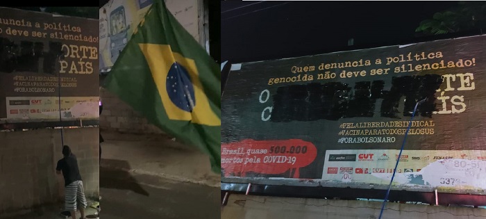 Nossa Bandeira é verde e amarela, declara linharense ao apagar caveira e frase de outdoor contra Bolsonaro