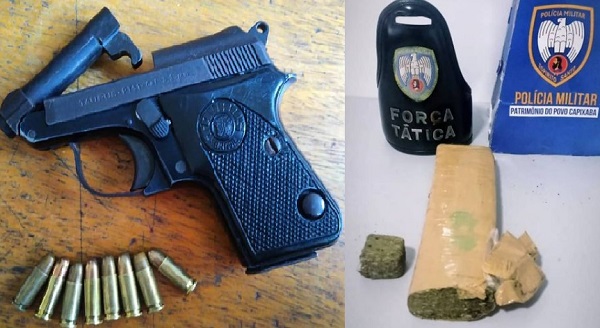 Arma apreendida no Centro e tablete de maconha no Aviso