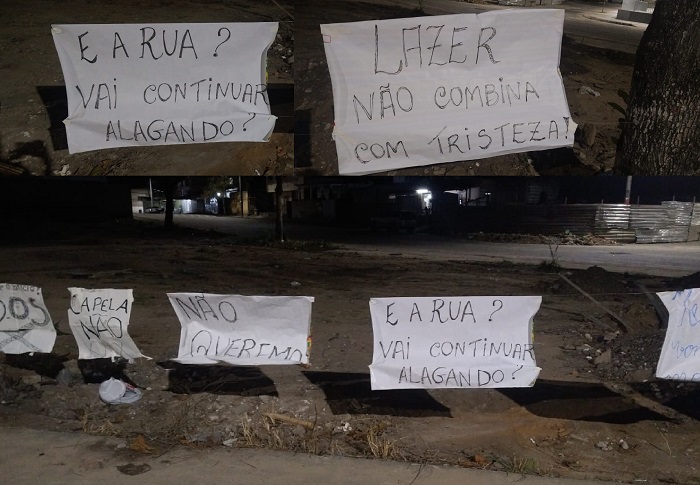Vídeo: Cartazes de protesto tomam conta em local de obra de Capela Mortuária no bairro Aviso