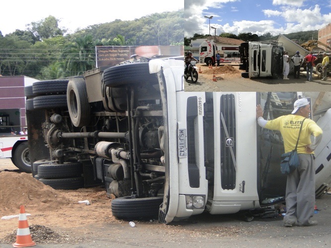 Carga ‘pende’, caminhão tomba e motorista sai ferido