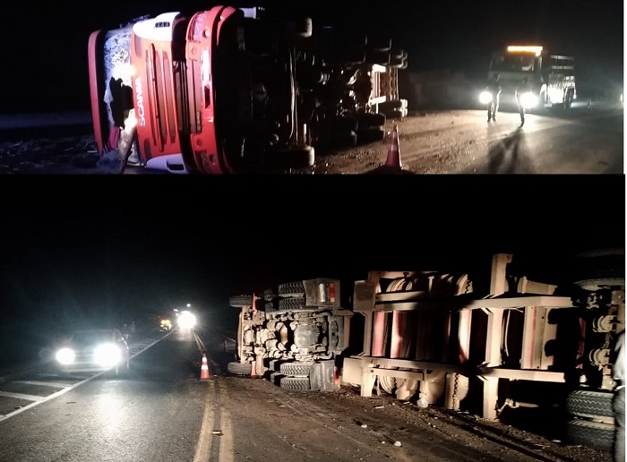 Carreta tomba e interdita BR-101. Tive que parar, disse motorista de Linhares