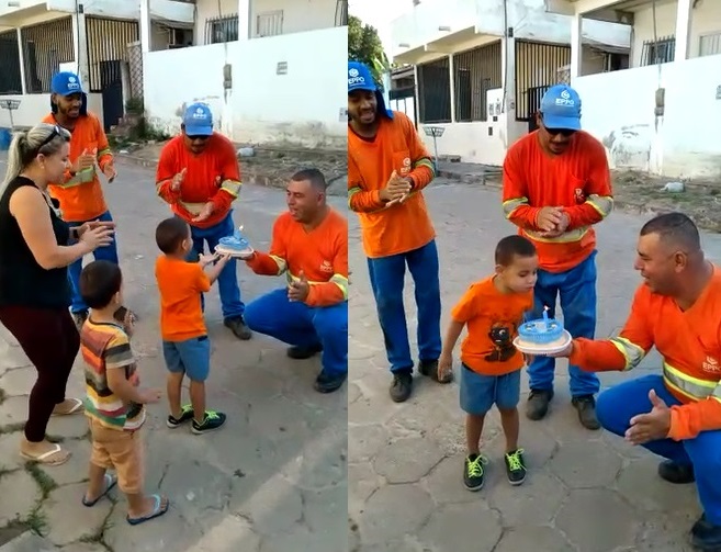 Vídeo: Garotinho comemora aniversário com garis em Linhares. “Realizou sonho”, diz mãe