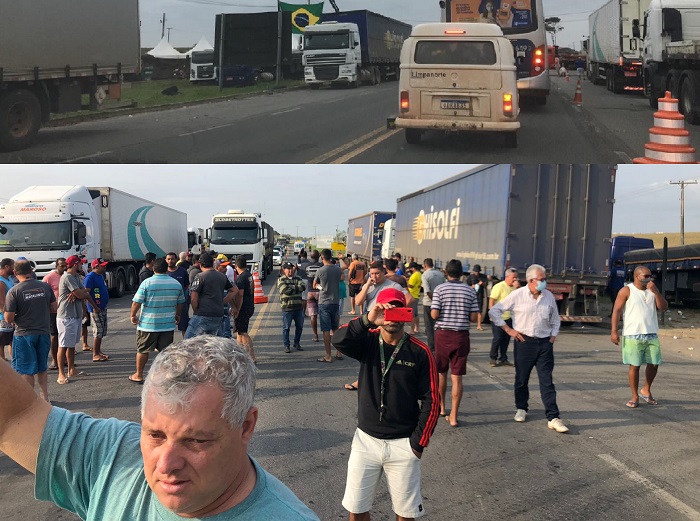 Bloqueio de veículos com cargas continua na BR-101 em Linhares: “Passa ambulância, carro de passeio, ônibus e carga perecível”, afirma caminhoneiro