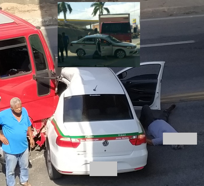 Caminhão e táxi: Vítima cai de veículo e fica estirada no asfalto em acidente sob viaduto em Linhares