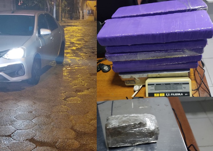 Mais de 6kg de maconha apreendidos, e ocupantes de Etios levados para a delegacia de Linhares