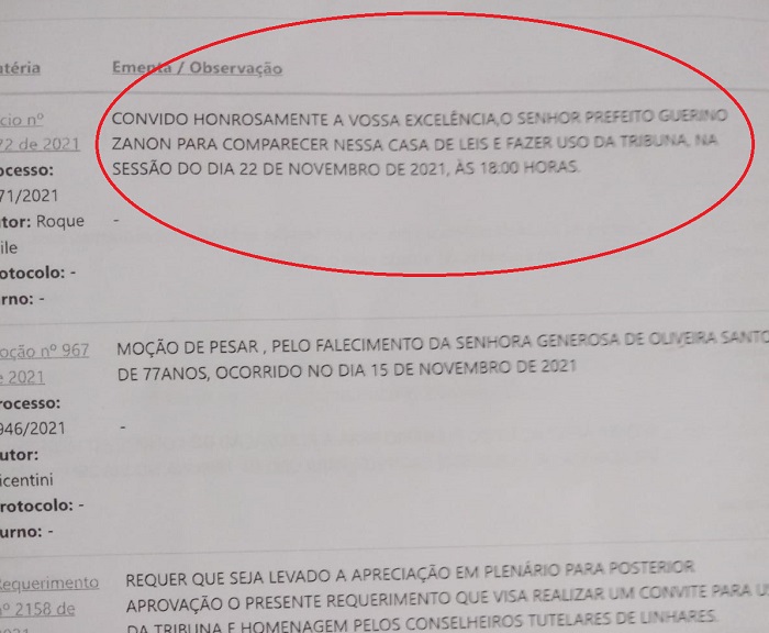 Próxima Sessão na Câmara de Linhares terá Guerino Zanon na Tribuna