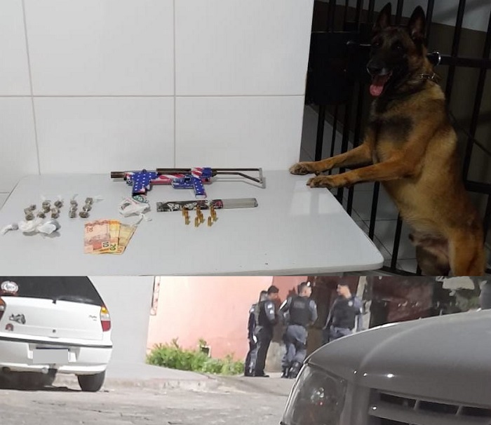 Submetralhadora e drogas apreendidas pela Força Tática/k9 após tiroteio no Aviso