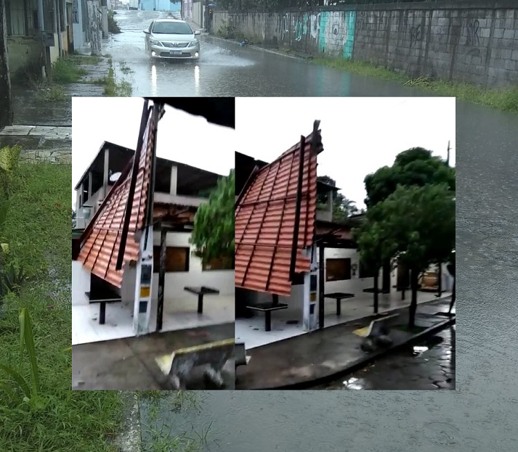 Vento “arranca” telhado de bar, e chuva alaga ruas em Linhares