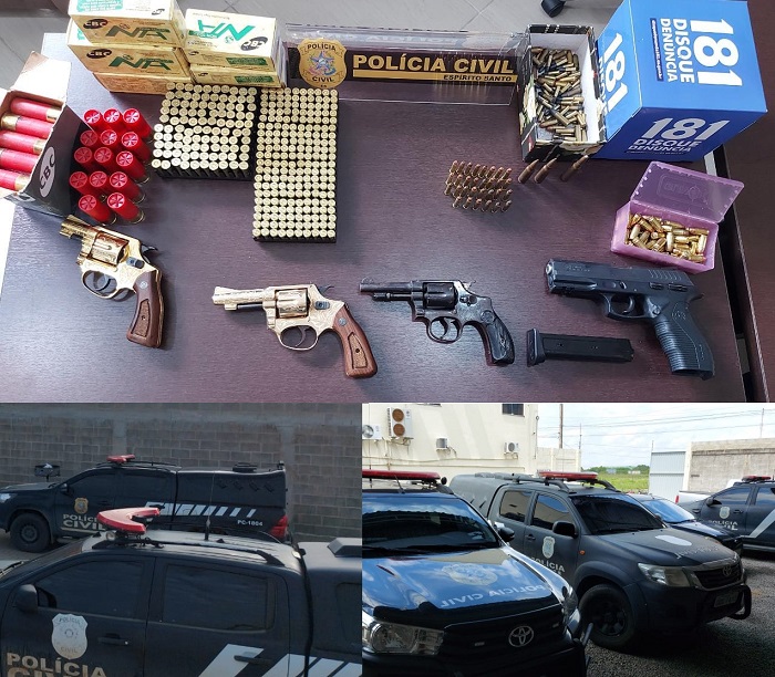 Muitas munições e armas apreendidas pela Polícia Civil em Linhares. Até munições de fuzil estão na lista